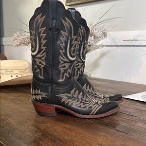 Lucchese Black and Brown Heeled Boots with Intricate Embroidery